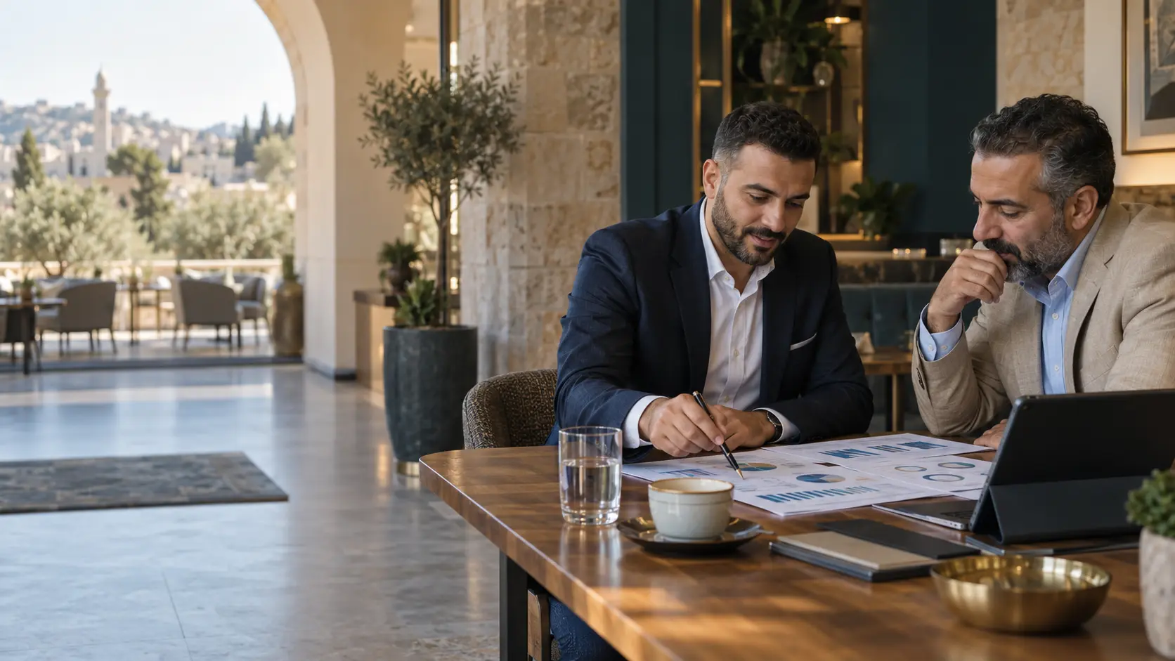 A consultant and business owner reviewing operational reports