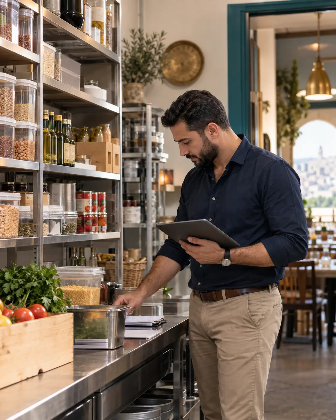 A hospitality manager checking inventory and operations